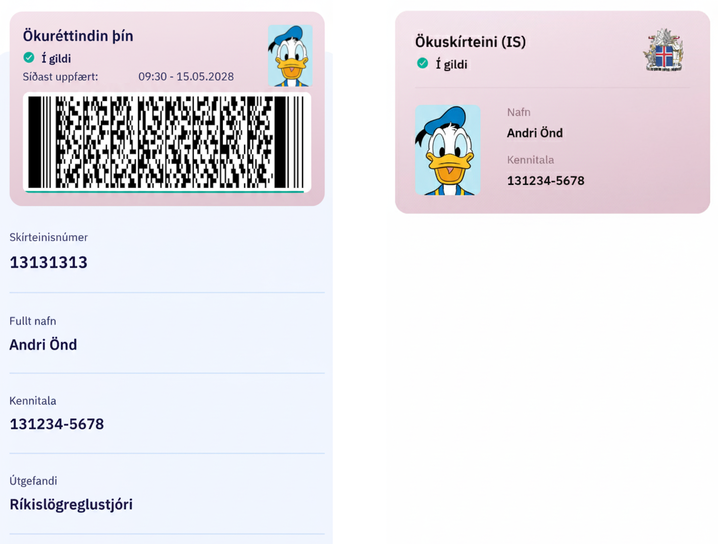 Nýja útfærsla skilríkjanna. Skilríki hjá handhafa (til vinstri) og skannað skilríki (til hægri)