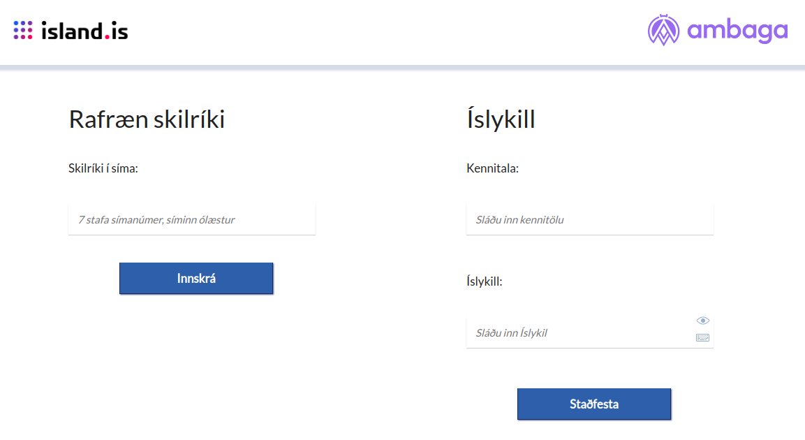 Innskráningarsíða island.is